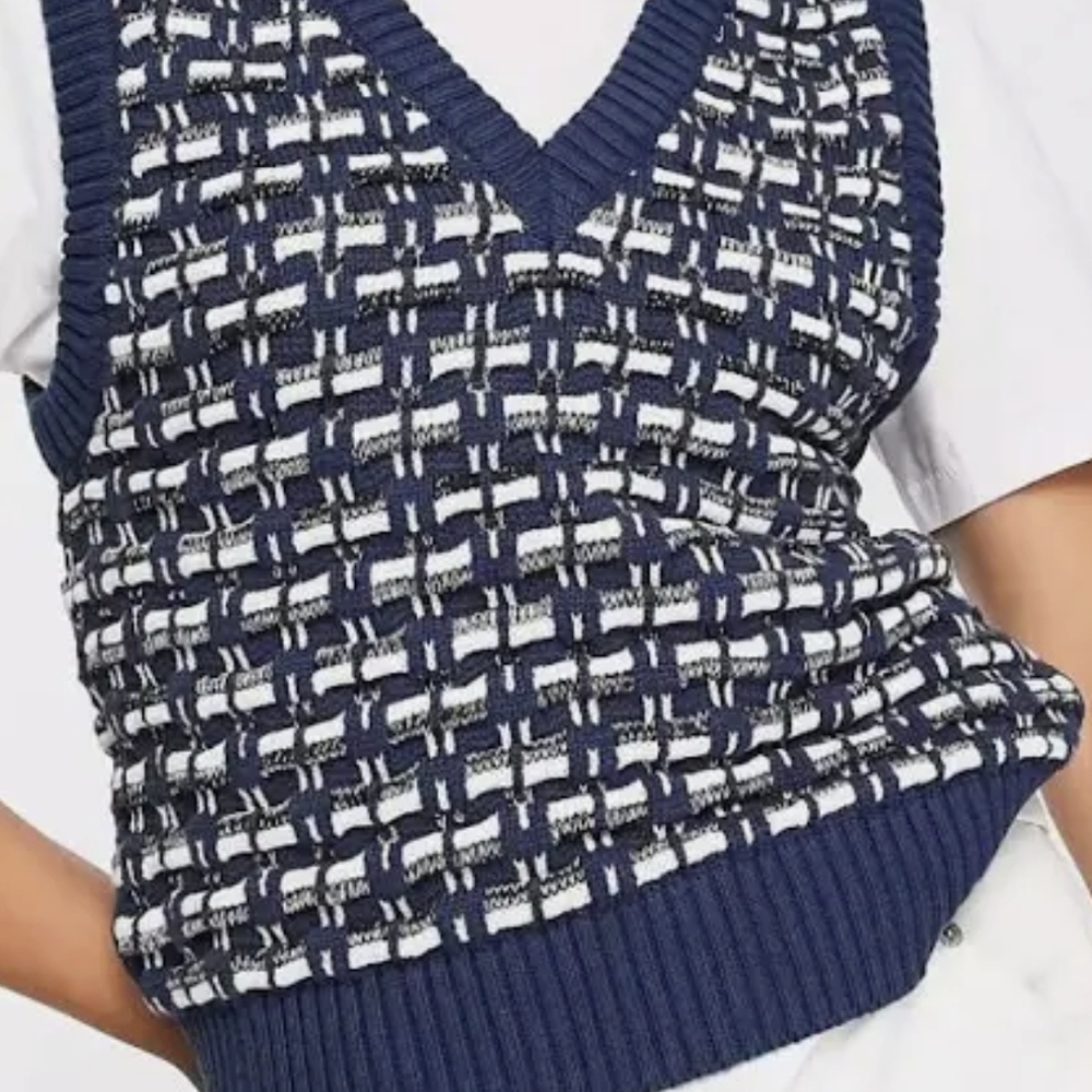 MANGO Blue and White Knit Sweater Vest